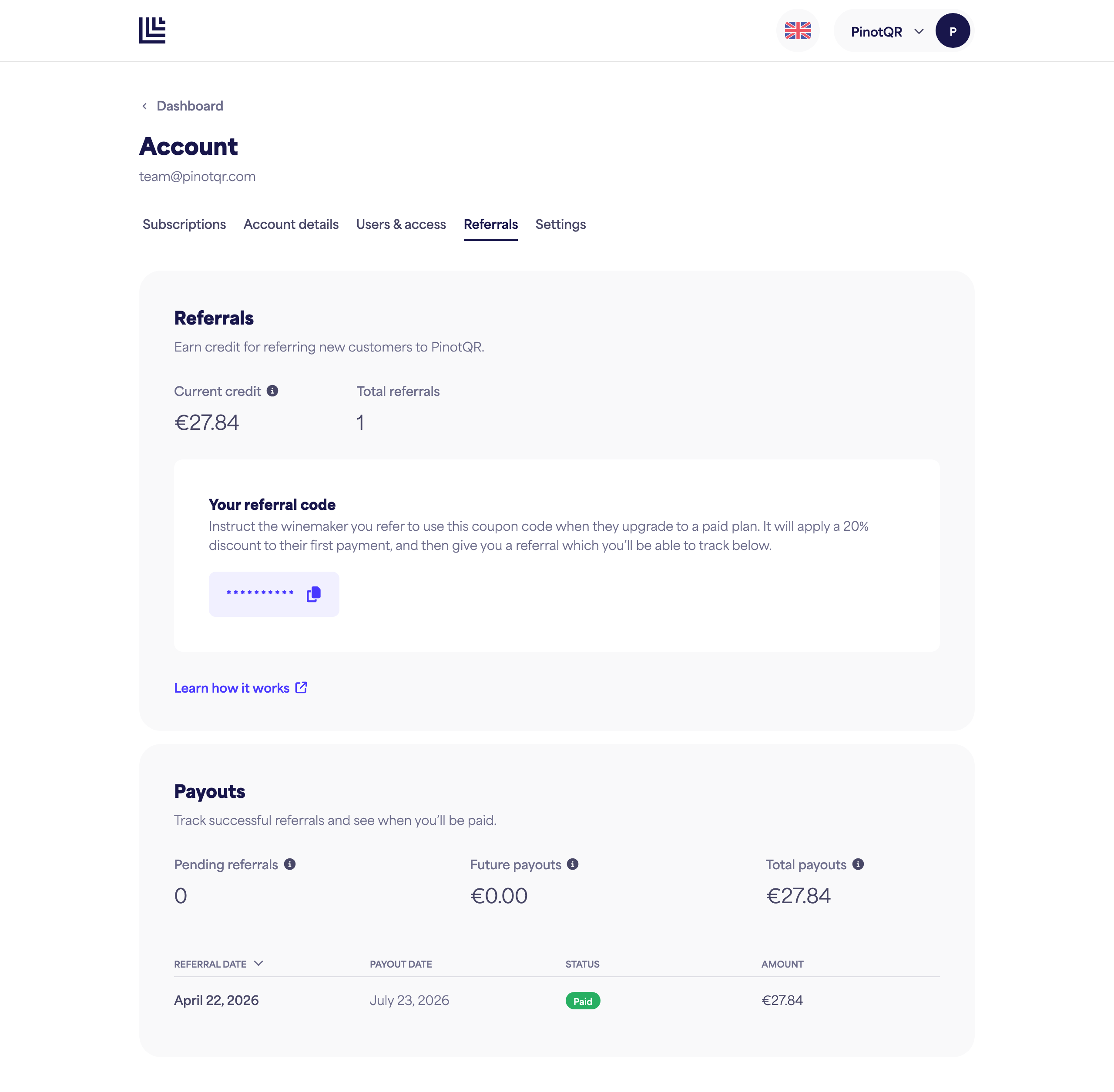 The Referrals page showing the referral code and credit stats