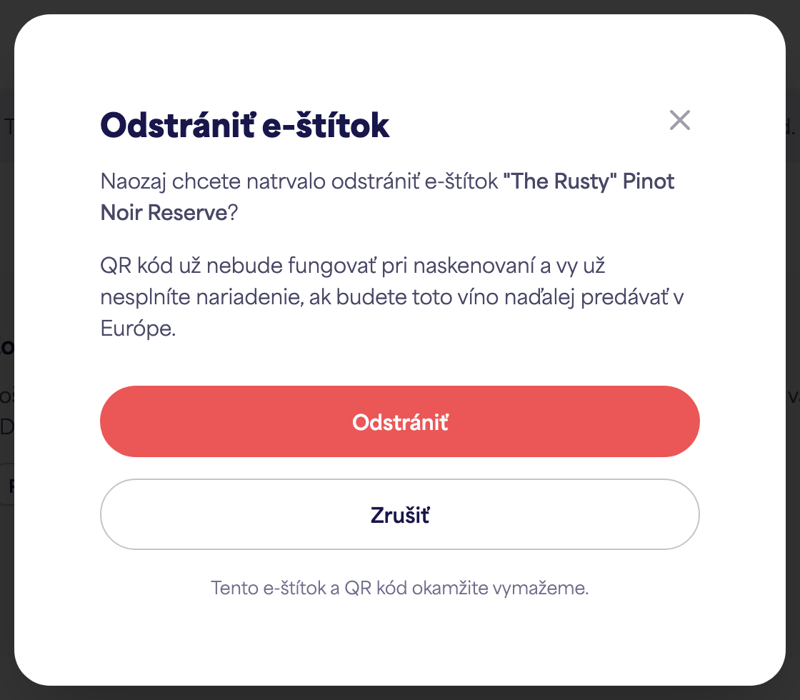 Potvrdzovací dialóg „Odstrániť e-štítok“