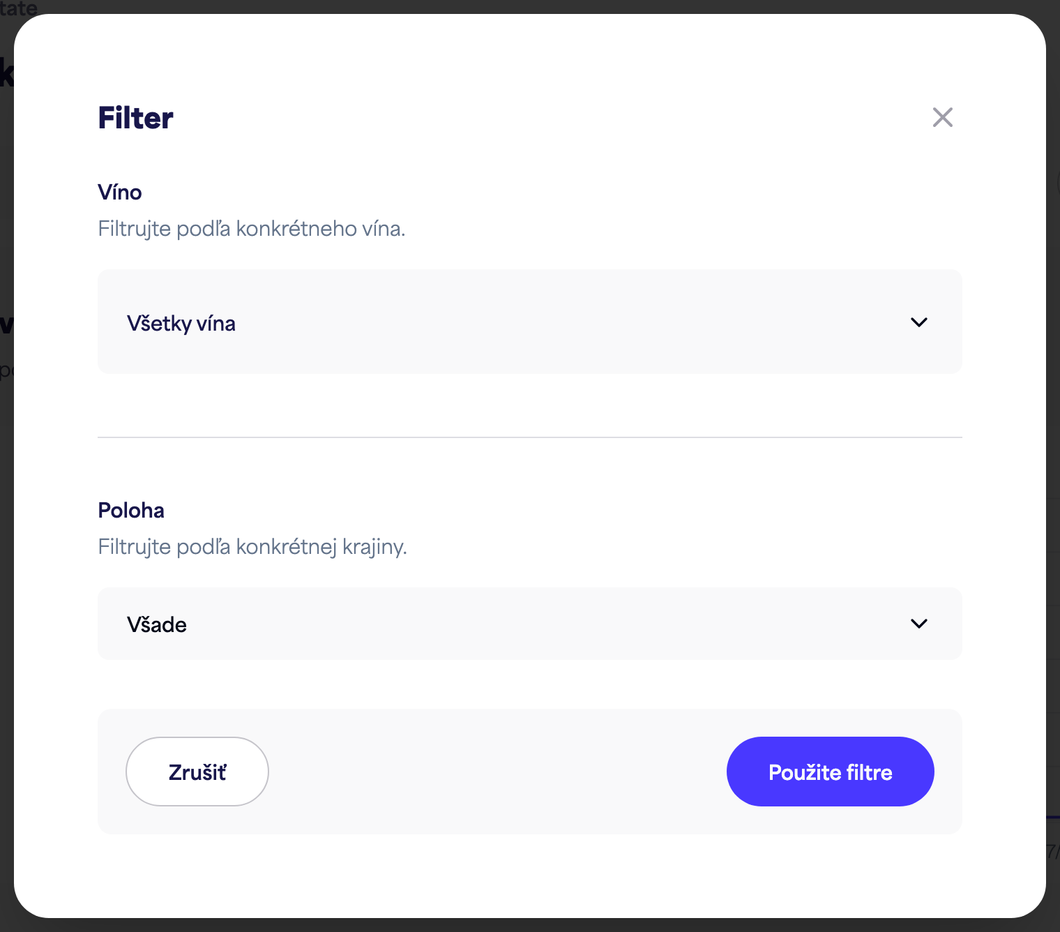 Panel filtra Štatistík (čas, víno, lokalita)