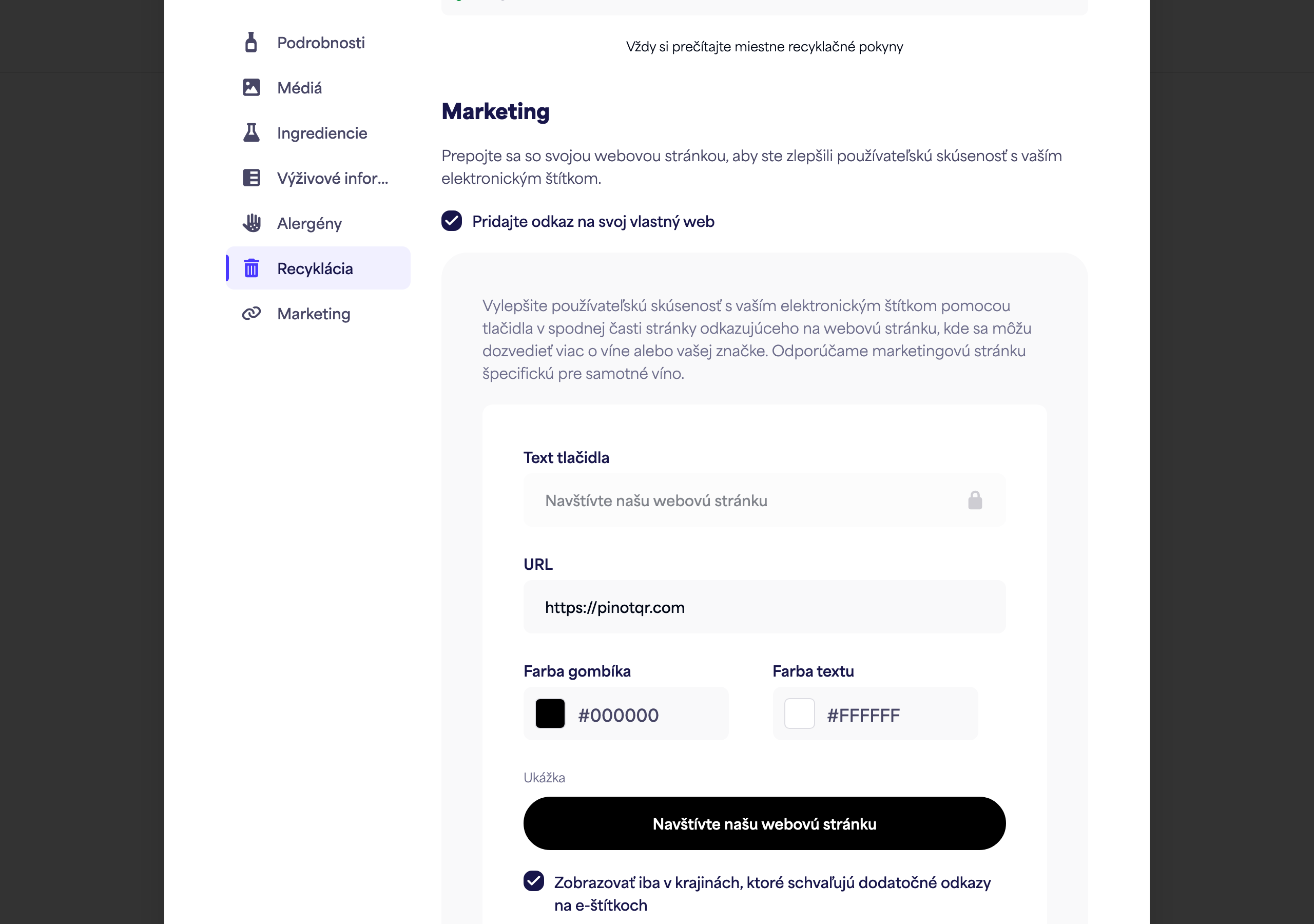 Sekcia Marketing s prepínačom, textom tlačidla, URL adresou a výberom farieb plus živý náhľad tlačidla