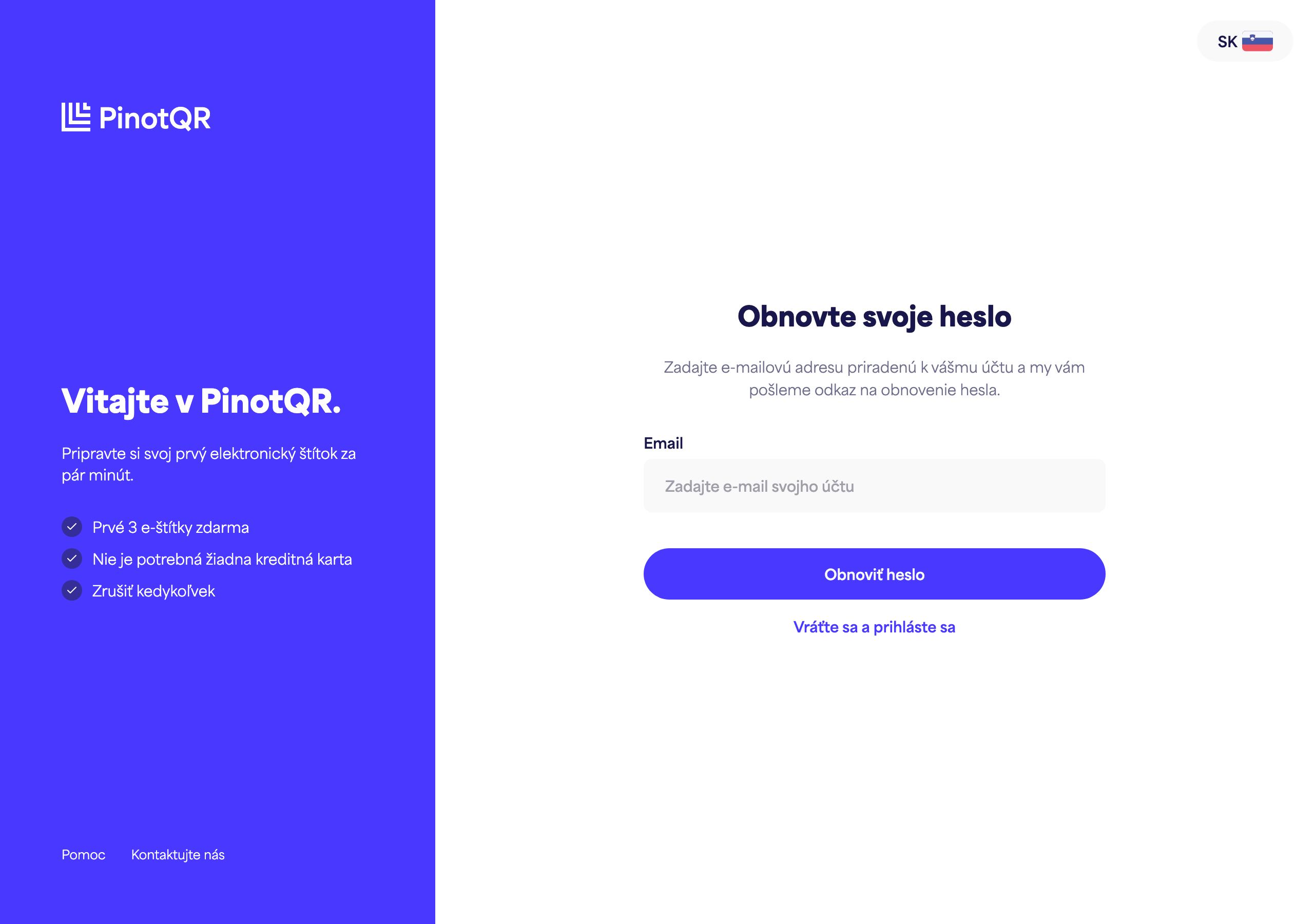 Obrazovka "Obnovte si heslo", kde zadávate svoj e-mail
