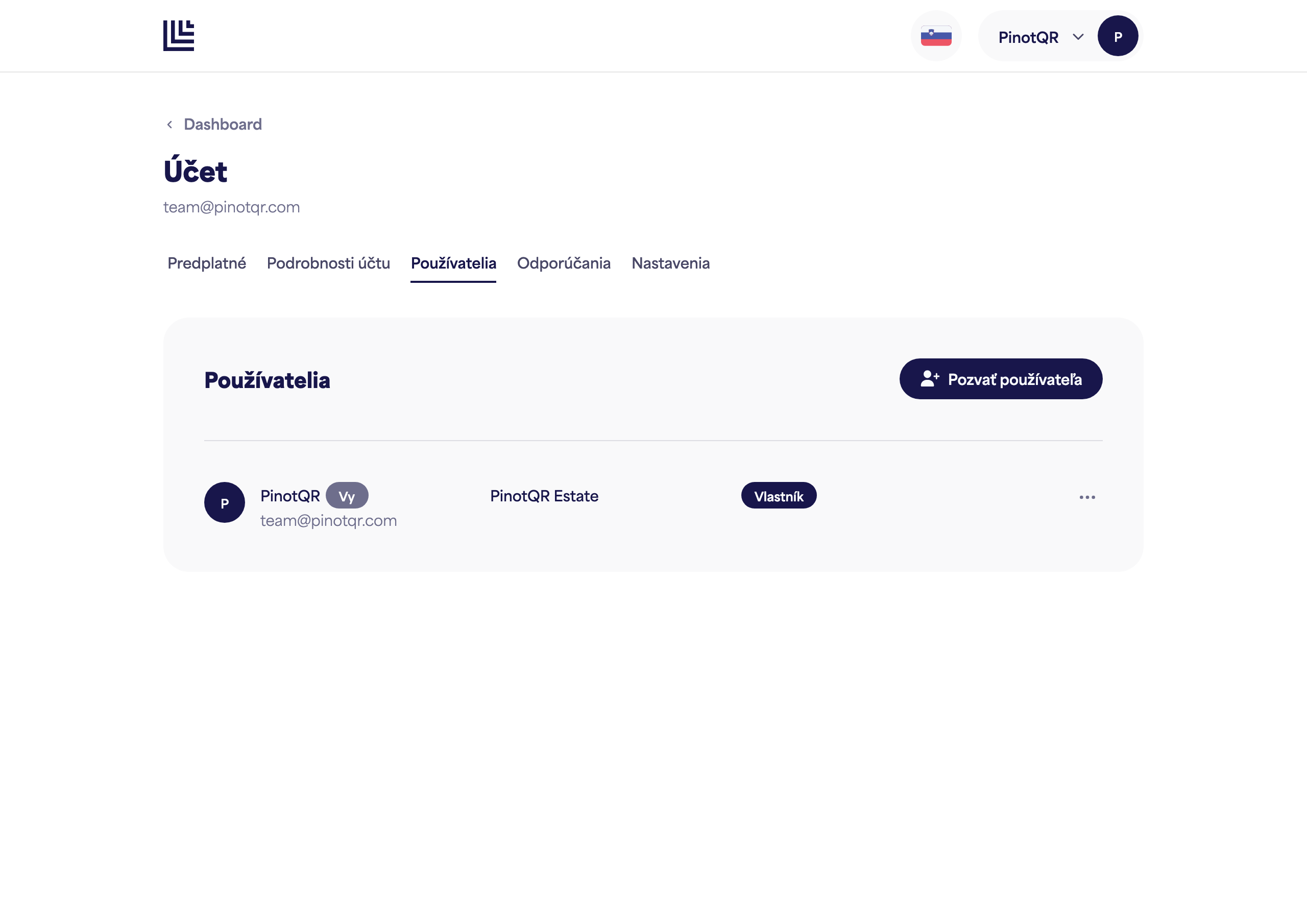 Stránka Používatelia a prístup s výpisom spolupracovníkov a ich prístupom pre jednotlivé značky