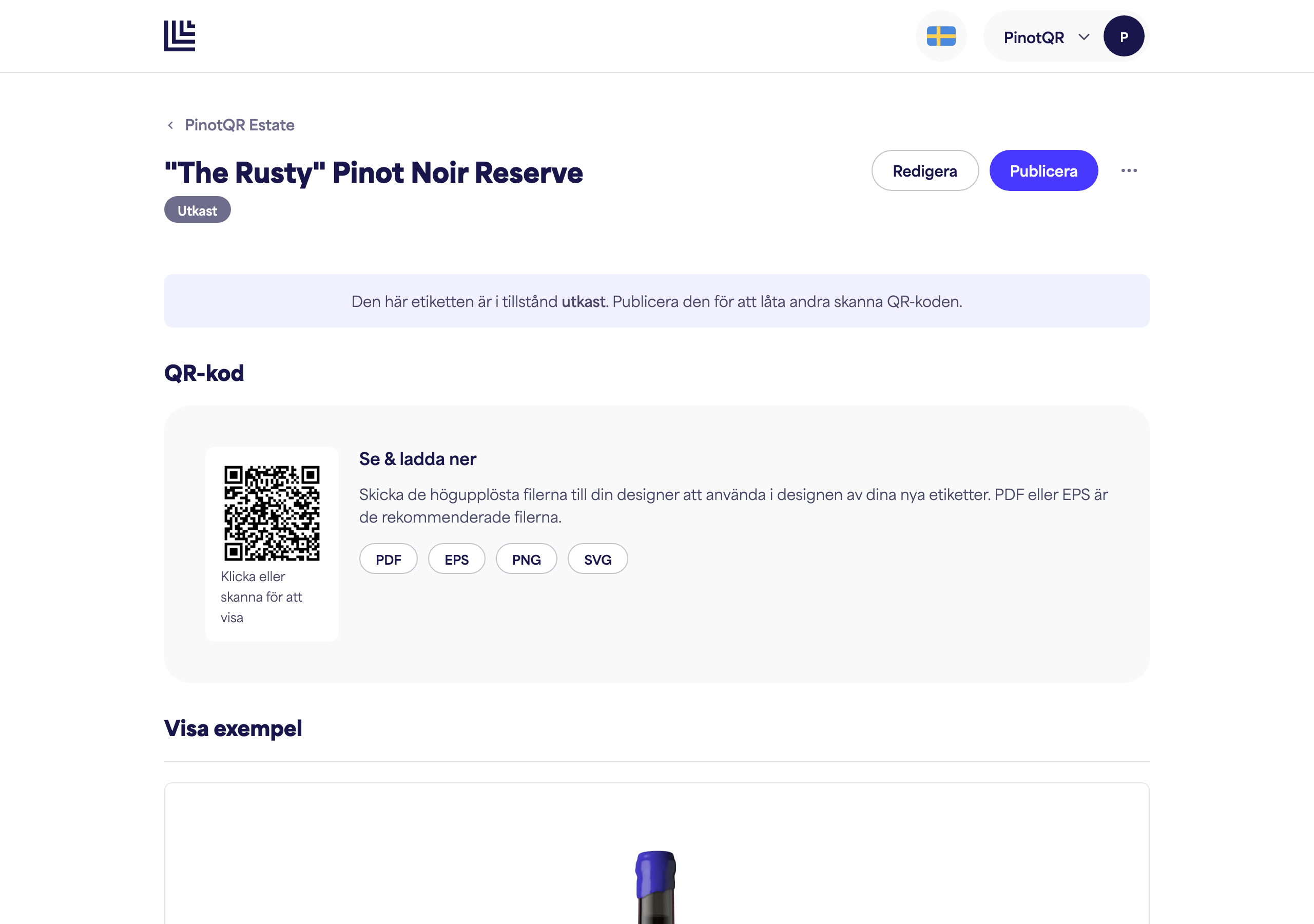 En e-etikett i utkastläge som visar utkastmeddelandet och knappen "Publicera"