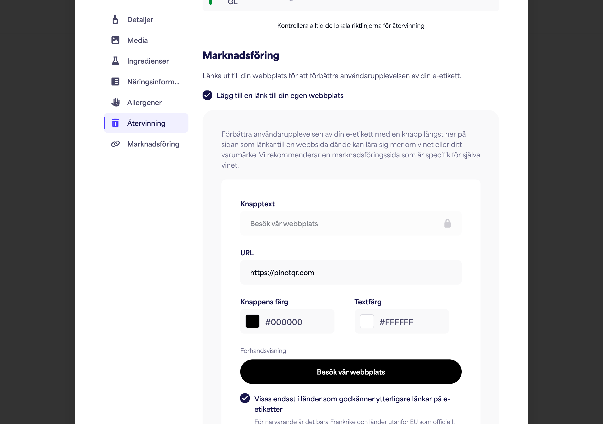 Marknadsföringssektionen med växlingsknappen, knapptexten, URL:en och färgväljarna plus liveförhandsvisningen av knappen