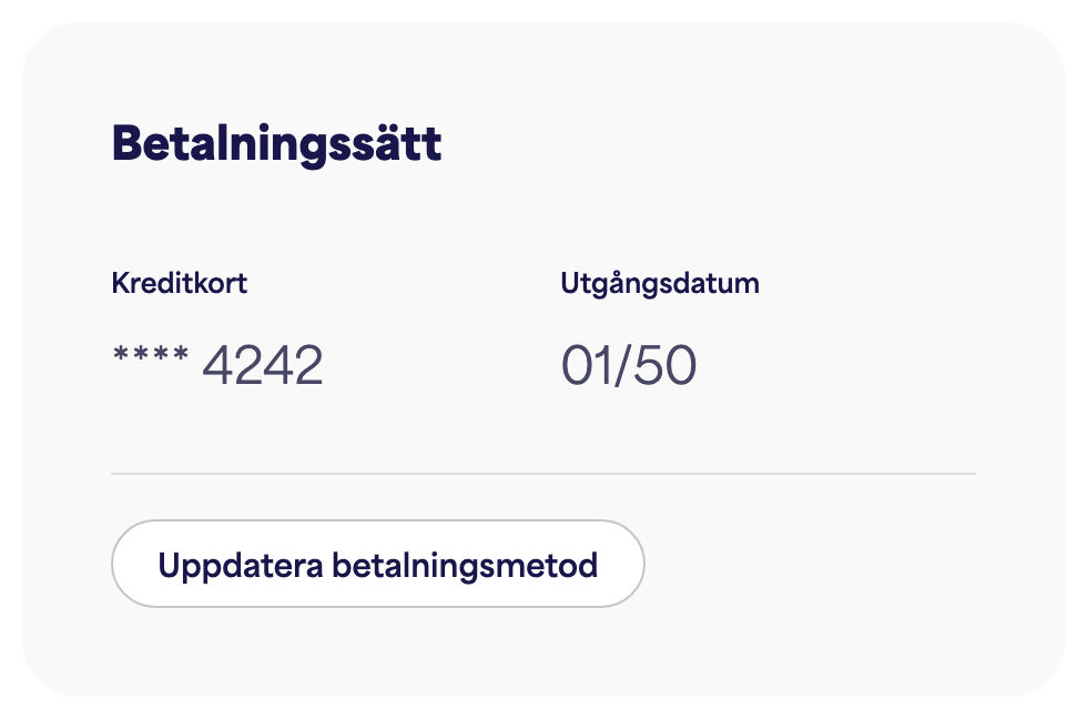 Kortet Betalningsmetod med det sparade kortet och "Uppdatera betalningsmetod"